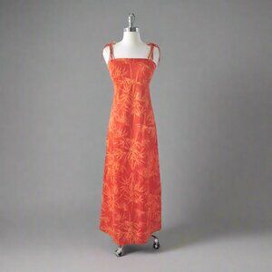 Vintage 70s Tropical Hawaiian Orange Maxi Dress S